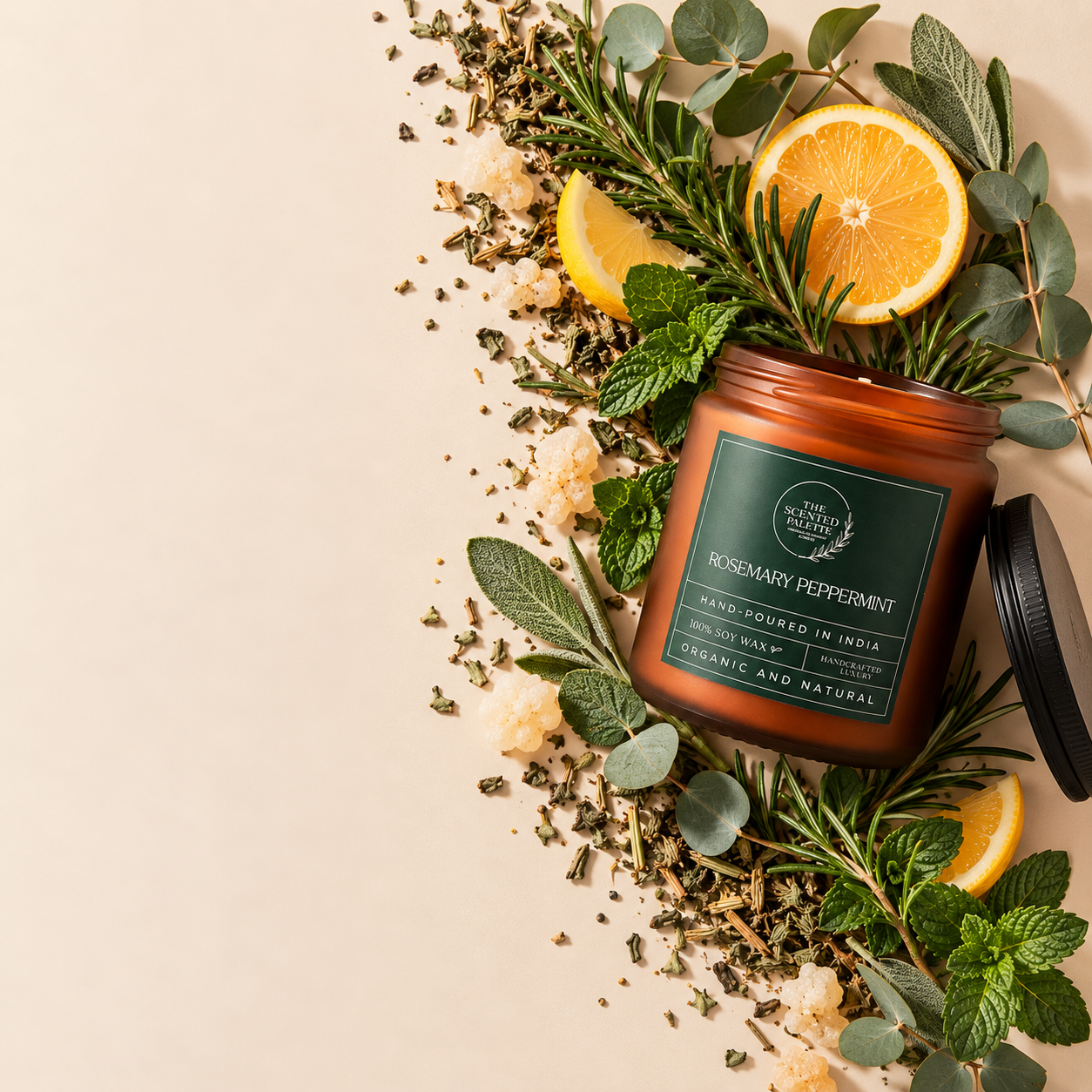 Rosemary Peppermint candle surrounded by rosemary, mint, citrus and dried botanicals