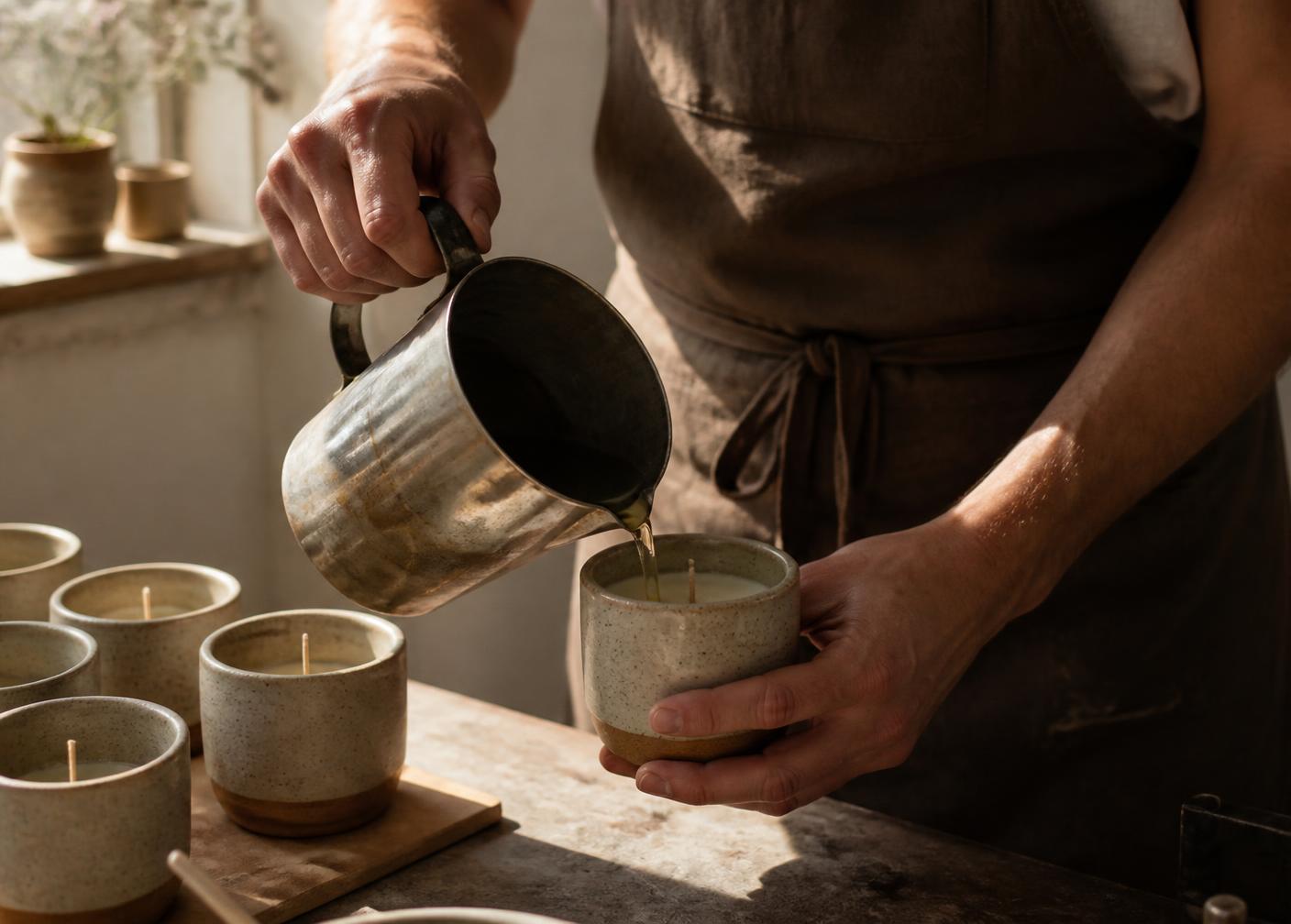 Artisan pouring wax into a ceramic candle vessel